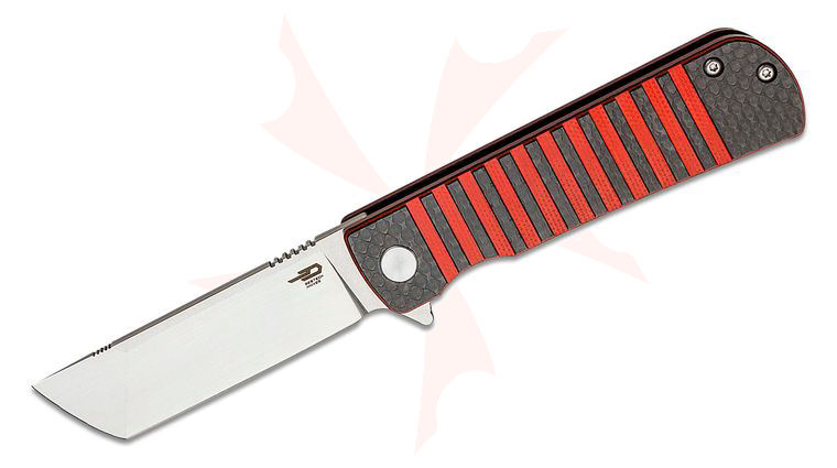 Bestech Knives Titan Flipper Knife 2.96 inch 154CM Two-Tone Tanto Blade, Interlaid Carbon Fiber/Red G10 Handles