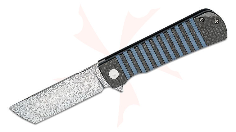 Bestech Knives Titan Flipper Knife 2.96 inch Damascus Tanto Blade, Interlaid Carbon Fiber/Blue G10 Handles