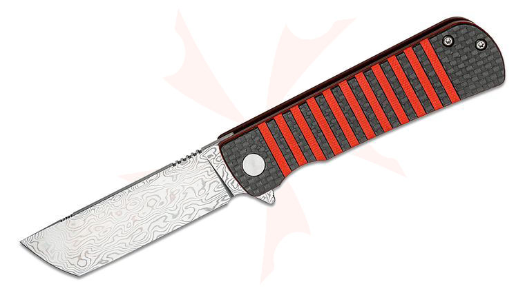 Bestech Knives Titan Flipper Knife 2.96 inch Damascus Tanto Blade, Interlaid Carbon Fiber/Red G10 Handles
