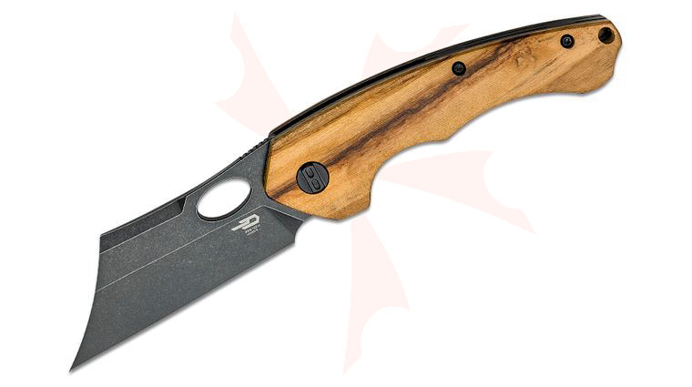 Bestech Knives Skirmish Flipper Knife 3.23 inch 154CM Black Modified Cleaver Blade, Olive Wood Handles