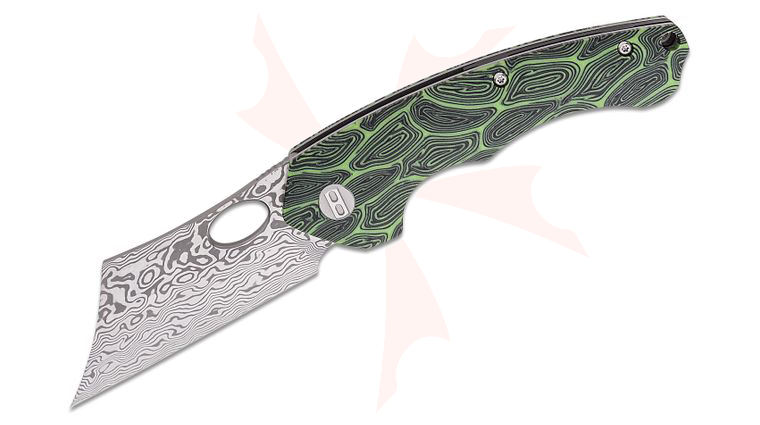 Bestech Knives Skirmish Flipper Knife 3.23 inch Damascus Modified Cleaver Blade, Black/Green Damascus G10 Handles