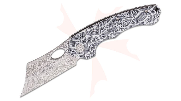 Bestech Knives Skirmish Flipper Knife 3.23 inch Damascus Modified Cleaver Blade, Black/White Damascus G10 Handles