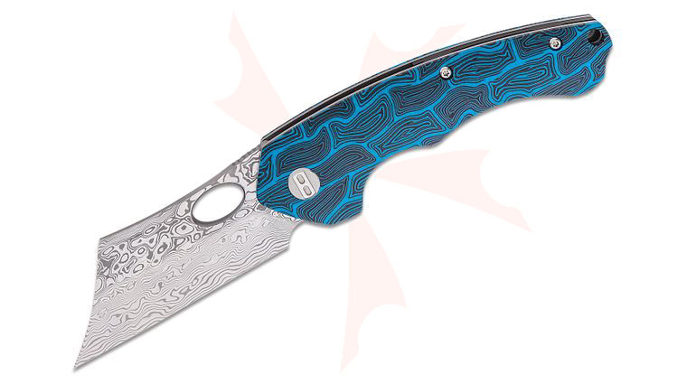 Bestech Knives Skirmish Flipper Knife 3.23 inch Damascus Modified Cleaver Blade, Black/Blue Damascus G10 Handles