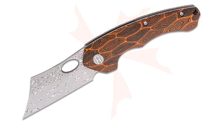 Bestech Knives Skirmish Flipper Knife 3.23 inch Damascus Modified Cleaver Blade, Black/Orange Damascus G10 Handles