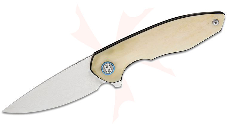 Bestech Knives Bambi Liner Lock Flipper Knife 3.11 inch Bead Blasted Damascus Drop Point Blade, Ox Bone Handles
