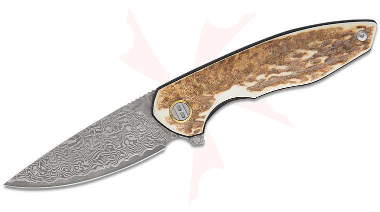 Bestech Knives Bambi Liner Lock Flipper Knife 3.11 inch Acid Etched Damascus Drop Point Blade, Stag Horn Handles