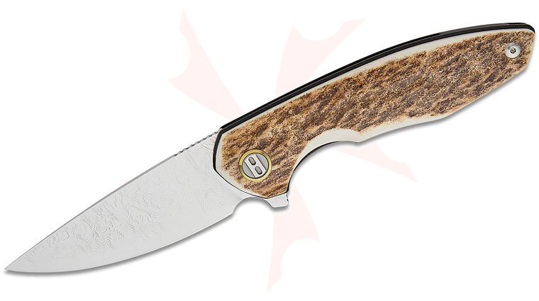 Bestech Knives Bambi Liner Lock Flipper Knife 3.11 inch Polished Damascus Drop Point Blade, Stag Horn Handles