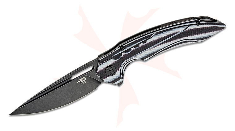 Bestech Knives Ornetta Flipper Knife 3.54 inch N690 Black Stonewashed Drop Point Blade, Milled Black/White G10 Handles