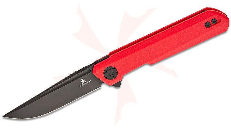 Bestechman Ostap Hel Mini Dundee Liner Lock Flipper Knife 2.92 inch D2 Black DLC Clip Point Blade, Red G10 Handles