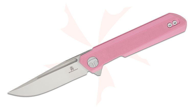 Bestechman Ostap Hel Mini Dundee Liner Lock Flipper Knife 2.92 inch D2 Satin Clip Point Blade, Pink G10 Handles