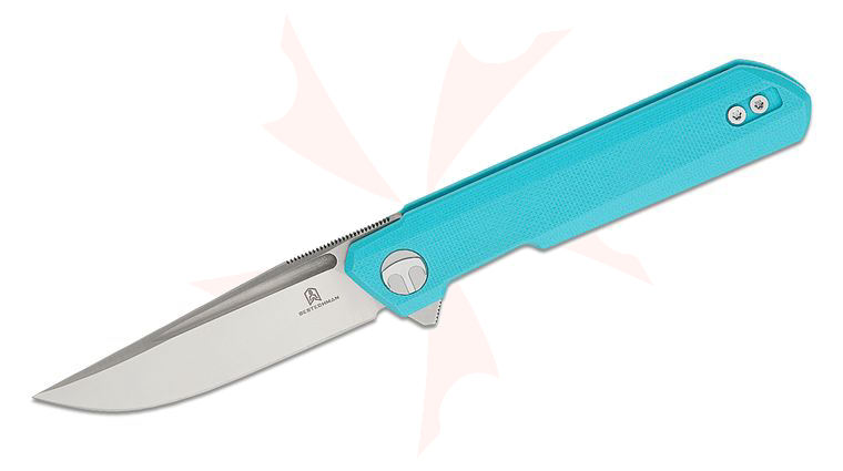 Bestechman Ostap Hel Mini Dundee Liner Lock Flipper Knife 2.92 inch D2 Satin Clip Point Blade, Light Blue G10 Handles