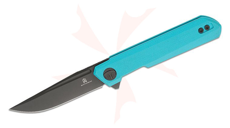 Bestechman Ostap Hel Mini Dundee Liner Lock Flipper Knife 2.92 inch D2 Gray DLC Clip Point Blade, Light Blue G10 Handles