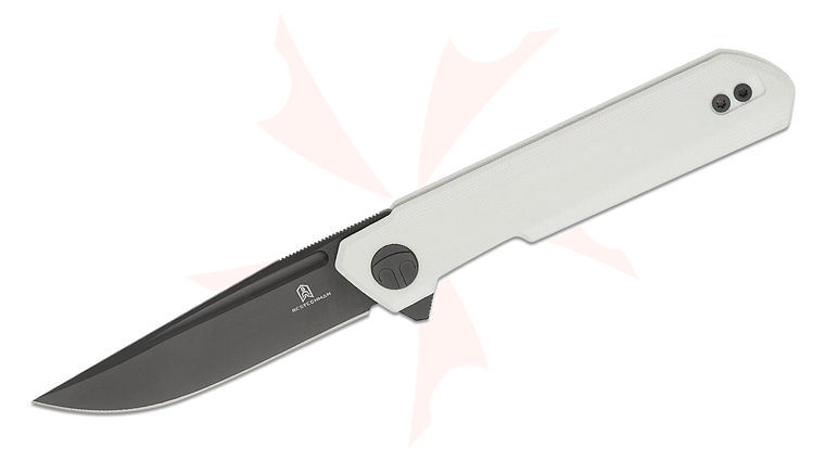Bestechman Ostap Hel Mini Dundee Liner Lock Flipper Knife 2.92 inch D2 Gray DLC Clip Point Blade, White G10 Handles