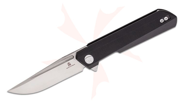 Bestechman Ostap Hel Dundee Flipper Knife 3.35 inch D2 Satin Clip Point Blade, Black G10 Handles