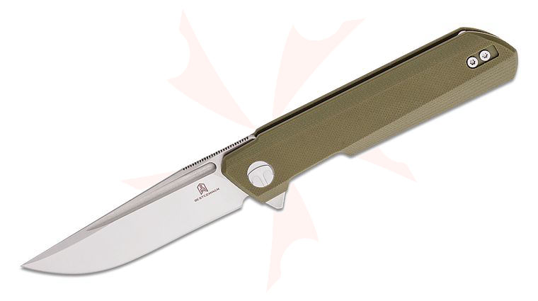 Bestechman Ostap Hel Dundee Flipper Knife 3.35 inch D2 Satin Clip Point Blade, Green G10 Handles