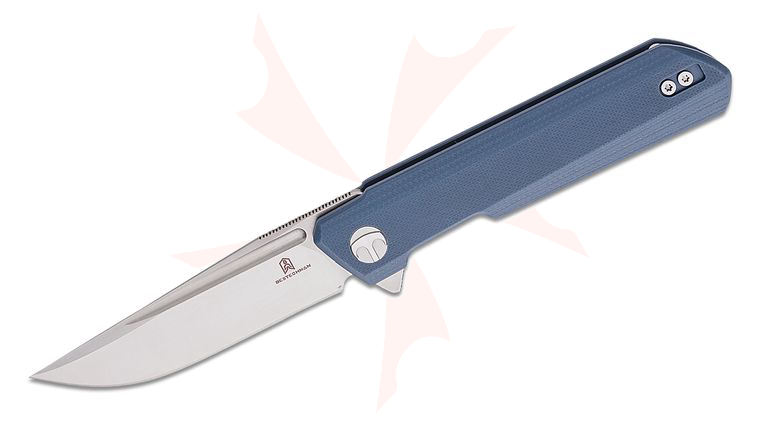 Bestechman Ostap Hel Dundee Flipper Knife 3.35 inch D2 Satin Clip Point Blade, Blue/Gray G10 Handles