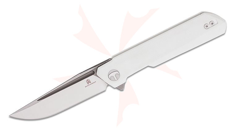 Bestechman Ostap Hel Dundee Flipper Knife 3.35 inch D2 Two-Tone Gray/Satin Clip Point Blade, White G10 Handles