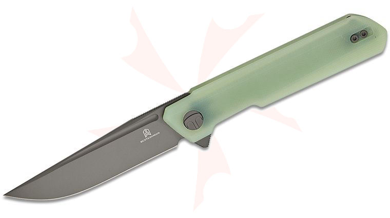 Bestechman Ostap Hel Dundee Flipper Knife 3.35 inch MagnaCut Gray PVD Clip Point Blade, Jade G10 Handles