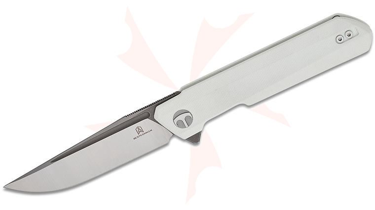 Bestechman Ostap Hel Dundee Flipper Knife 3.35 inch MagnaCut Two-Tone Gray/Satin Clip Point Blade, White G10 Handles - KnifeCenter Exclusive