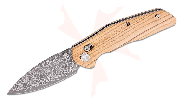 Bestechman Ronan Folding Knife 3.26 inch Damascus Spear Point Blade, Olive Wood Handles