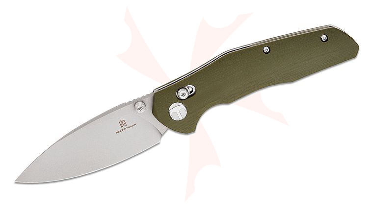 Bestechman Ronan Crossbar Lock Folding Knife 3.26 inch 14C28N Stonewashed Spear Point Blade, OD Green G10 Handles