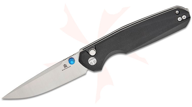Bestechman Ostap Hel Velix Button Lock Folding Knife 3.32 inch 14C28N Satin Drop Point Blade, Black G10 Handles