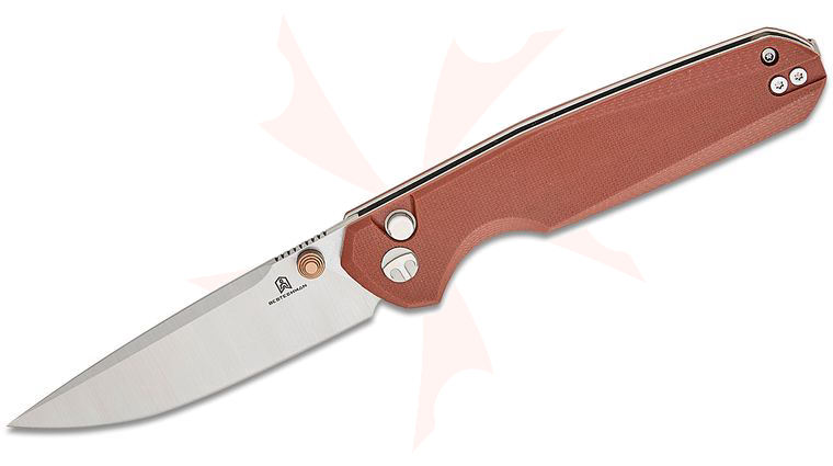 Bestechman Ostap Hel Velix Button Lock Folding Knife 3.32 inch 14C28N Satin Drop Point Blade, Brown G10 Handles