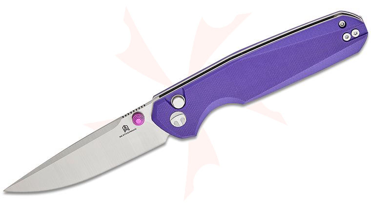 Bestechman Ostap Hel Velix Button Lock Folding Knife 3.32 inch 14C28N Satin Drop Point Blade, Purple G10 Handles