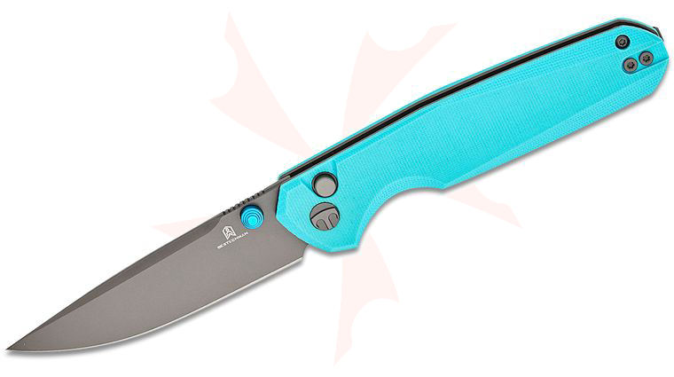 Bestechman Ostap Hel Velix Button Lock Folding Knife 3.32 inch 14C28N Gray PVD Drop Point Blade, Tiffany Blue G10 Handles