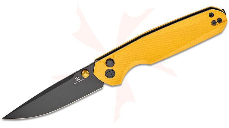 Bestechman Ostap Hel Velix Button Lock Folding Knife 3.32 inch 14C28N Black PVD Drop Point Blade, Yellow G10 Handles