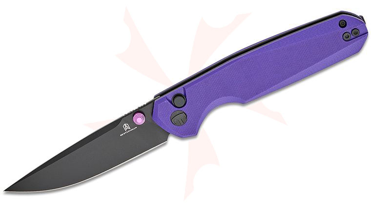 Bestechman Ostap Hel Velix Button Lock Folding Knife 3.32 inch 14C28N Black PVD Drop Point Blade, Purple G10 Handles