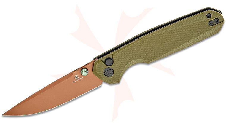 Bestechman Ostap Hel Velix Button Lock Folding Knife 3.32 inch 14C28N Gold/Bronze PVD Drop Point Blade, OD Green G10 Handles