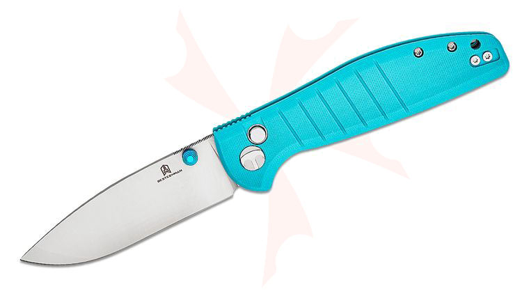 Bestechman Goodboy Button Lock Folding Knife 3.54 inch D2 Satin Drop Point Blade, Light Blue G10 Handles