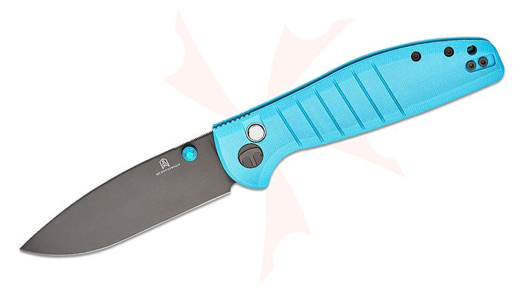 Bestechman Goodboy Button Lock Folding Knife 3.54 inch D2 Gray DLC Drop Point Blade, Blue G10 Handles