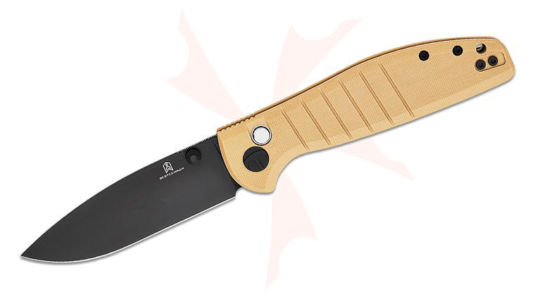Bestechman Goodboy Button Lock Folding Knife 3.54 inch D2 Black DLC Drop Point Blade, Khaki G10 Handles