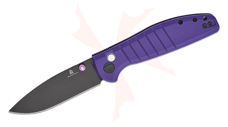 Bestechman Goodboy Button Lock Folding Knife 3.54 inch D2 Black DLC Drop Point Blade, Purple G10 Handles