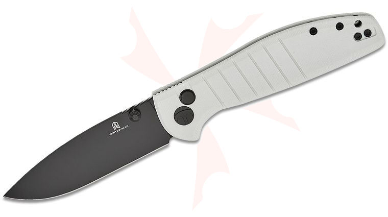 Bestechman Goodboy Button Lock Folding Knife 3.54 inch D2 Black PVD Drop Point Blade, White G10 Handles