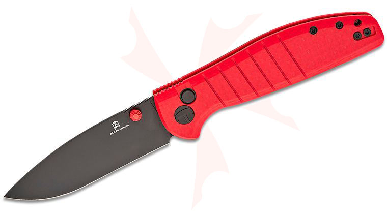 Bestechman Goodboy Button Lock Folding Knife 3.54 inch D2 Black DLC Drop Point Blade, Red G10 Handles