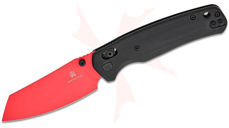 Bestechman Cicada's Wing B-Lock Folding Knife 3.15 inch Red Reverse Tanto Blade, Black G10 Handles