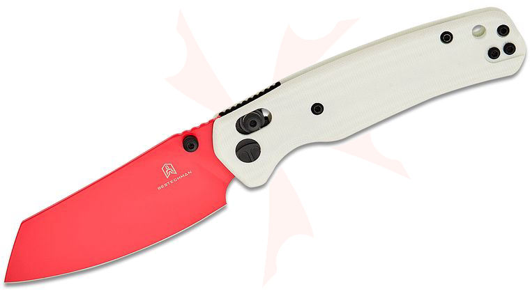 Bestechman Cicada's Wing B-Lock Folding Knife 3.15 inch Red Reverse Tanto Blade, White G10 Handles