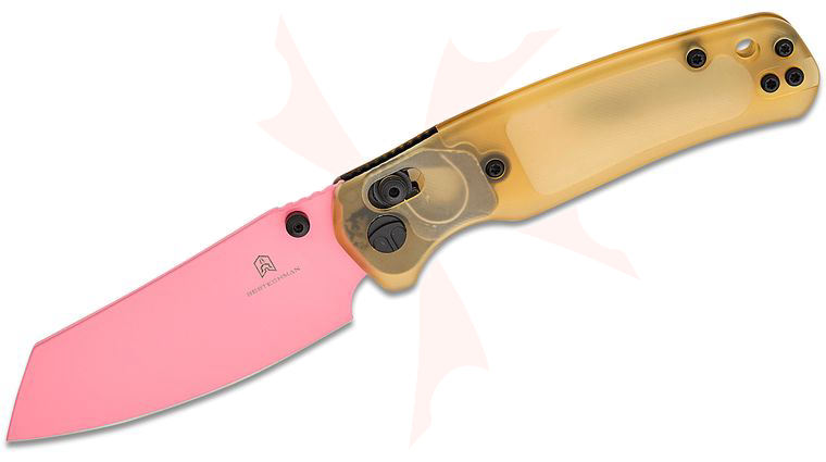 Bestechman Cicada's Wing B-Lock Folding Knife 3.15 inch Pink Reverse Tanto Blade, Jade Ultem Handles