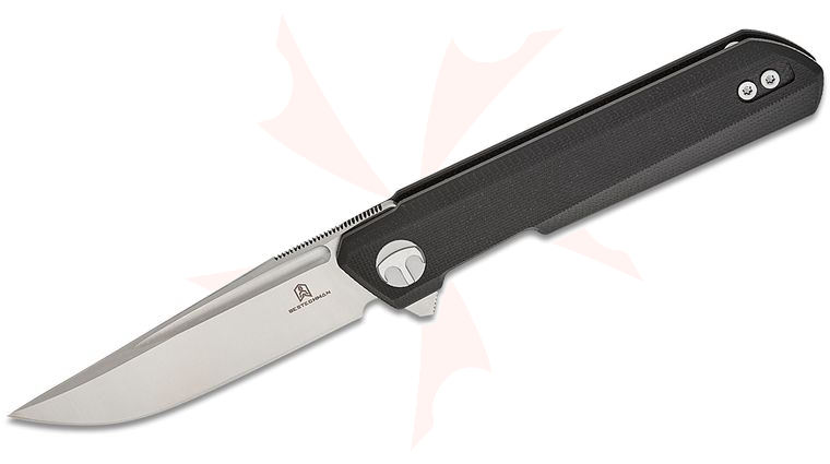 Bestechman Ostap Hel Mini Dundee Double Detent Flipper Knife 2.92 inch D2 Two-Tone Clip Point Blade, Black G10 Handles