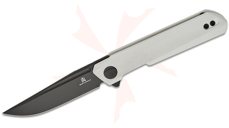 Bestechman Ostap Hel Mini Dundee Double Detent Flipper Knife 2.92 inch D2 Black PVD Clip Point Blade, White G10 Handles