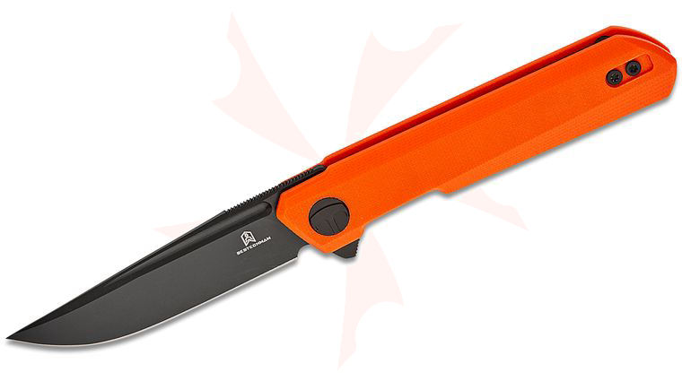 Bestechman Ostap Hel Mini Dundee Double Detent Flipper Knife 2.92 inch D2 Black PVD Clip Point Blade, Orange G10 Handles