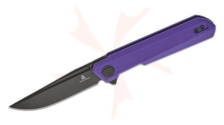 Bestechman Ostap Hel Mini Dundee Double Detent Flipper Knife 2.92 inch D2 Black PVD Clip Point Blade, Purple G10 Handles