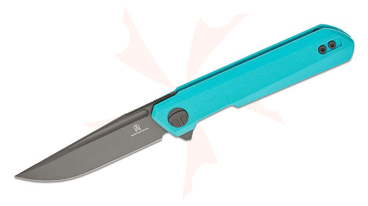 Bestechman Ostap Hel Mini Dundee Double Detent Flipper Knife 2.92 inch D2 Gray PVD Clip Point Blade, Light Blue G10 Handles