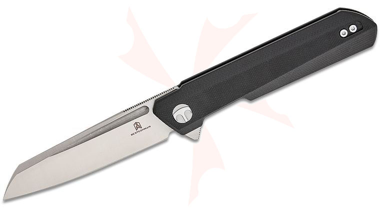 Bestechman Ostap Hel Dundee Liner Lock Flipper Knife 3.5 inch D2 Satin Sheepsfoot Blade, Black G10 Handles