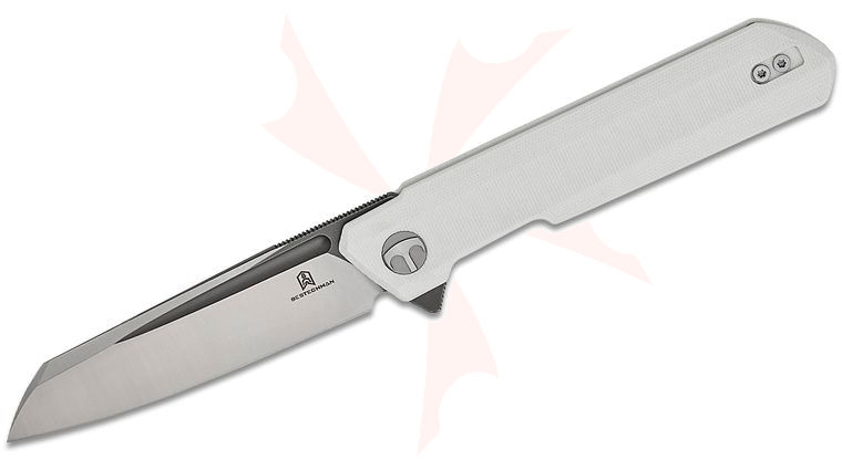 Bestechman Ostap Hel Dundee Liner Lock Flipper Knife 3.5 inch D2 Two-Tone Satin and Gray PVD Sheepsfoot Blade, White G10 Handles