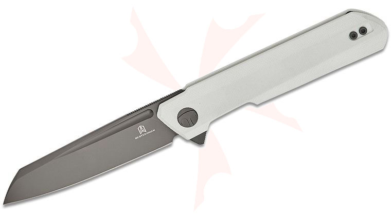 Bestechman Ostap Hel Dundee Liner Lock Flipper Knife 3.5 inch D2 Gray PVD Sheepsfoot Blade, White G10 Handles