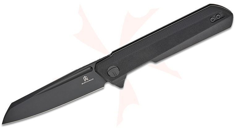 Bestechman Ostap Hel Dundee Liner Lock Flipper Knife 3.5 inch D2 Black PVD Sheepsfoot Blade, Black G10 Handles